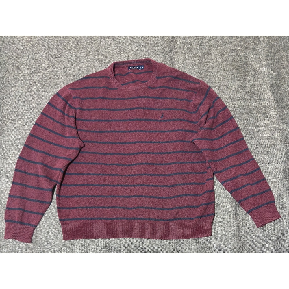 Nautica Mens 3XL Sweater Burgundy Navy Blue Striped Crew Neck Cotton Blend